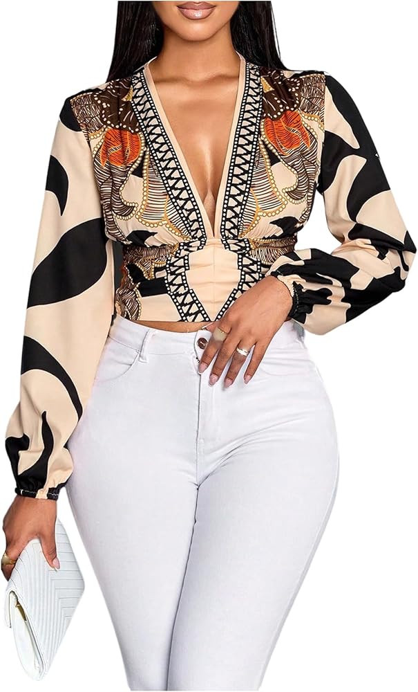 SweatyRocks Women's Boho Floral Print Deep V Neck Blouse Dressy Casual Shirred Crop Office Shirt | Amazon (US)