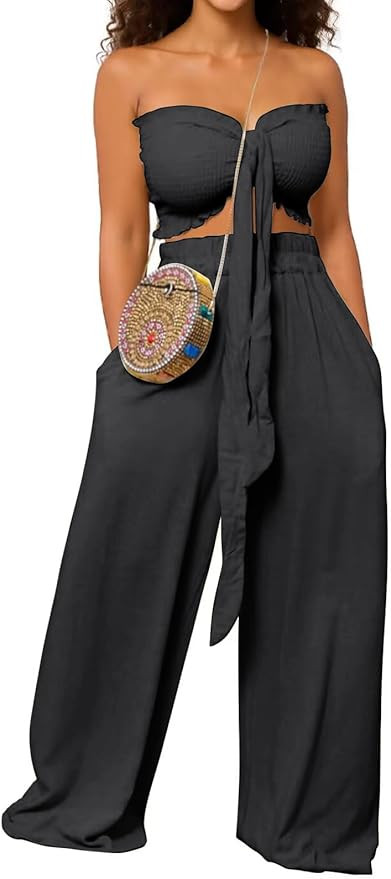 Amazon.com: WXN Womens Two Piece Outfits Tie Front Bandeau Crop Top and Wide Leg Pants Set Vacati... | Amazon (US)
