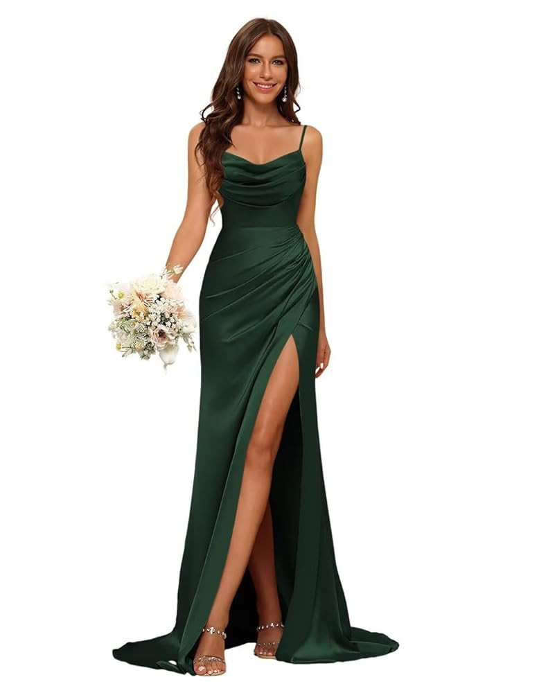 Stylefun Women's Cowl Neck Satin Prom Dresses with Slit Long Mermaid Formal Bridesmaid Dresses CY... | Amazon (US)