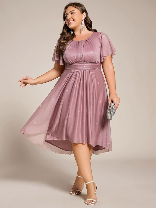 Ever-Pretty Plus Women's Round Neck Glitter Pleated Short Sleeves Midi Plus Size Wedding Guest Dr... | Amazon (US)