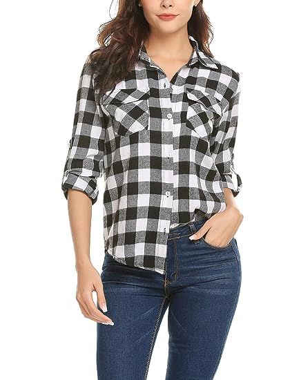 Women's Plaid Button Down Shirt Long Roll up Sleeve Blouse Casual Buffalo Top | Amazon (US)