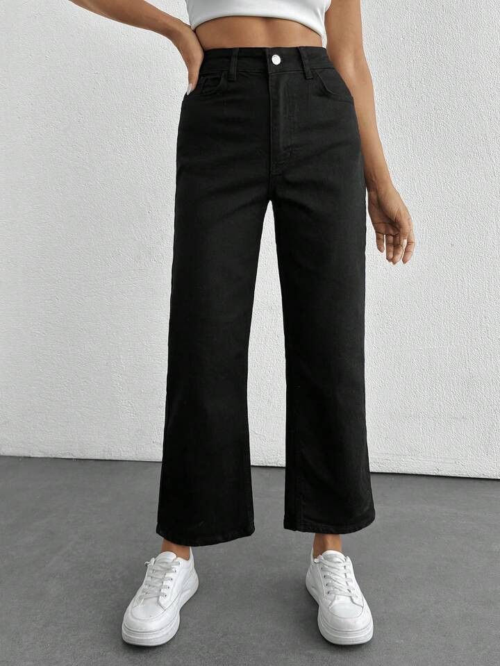 SHEIN PETITE Solid Color High Waist Straight Leg Jeans | SHEIN