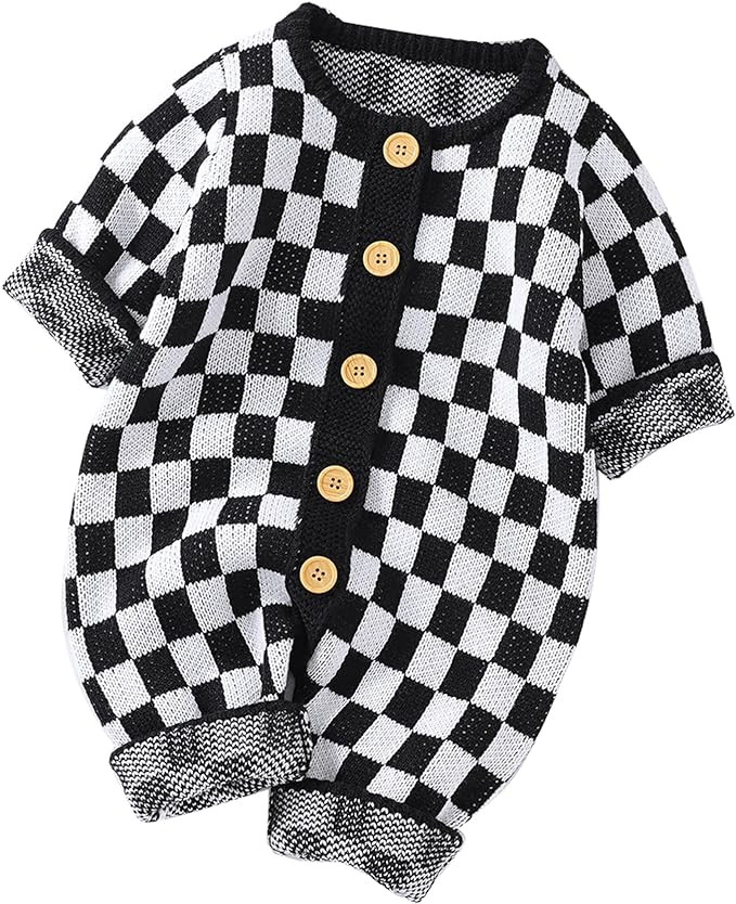 Unisex Baby Girl Boy Knitted Romper Jumpsuit Checkerboard Plaid One Piece Button Down Sweater Pla... | Amazon (US)