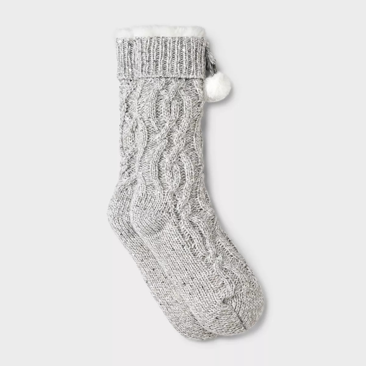 Women's Sequin Twist Cable Knit Faux Shearling Lined Slipper Socks with Faux Fur Poms & Grippers ... | Target