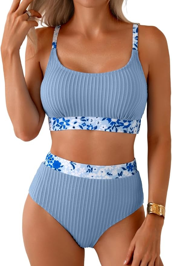 Herseas Women's Textured Bikini Sets Floral Print Trim Scoop Neck Swimsuits High Waisted Bathing ... | Amazon (US)