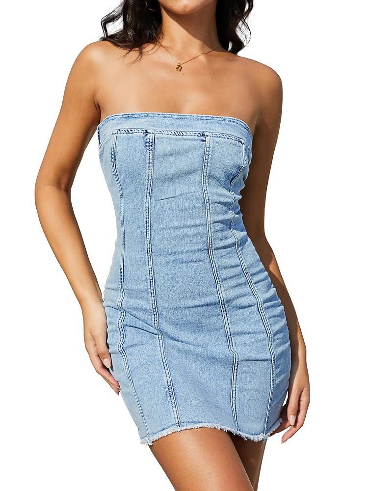 ELLEVEN High Stretchy Strapless Denim Dress for Women, Summer Sexy Bodycon Mini Jean Dresses for ... | Amazon (US)