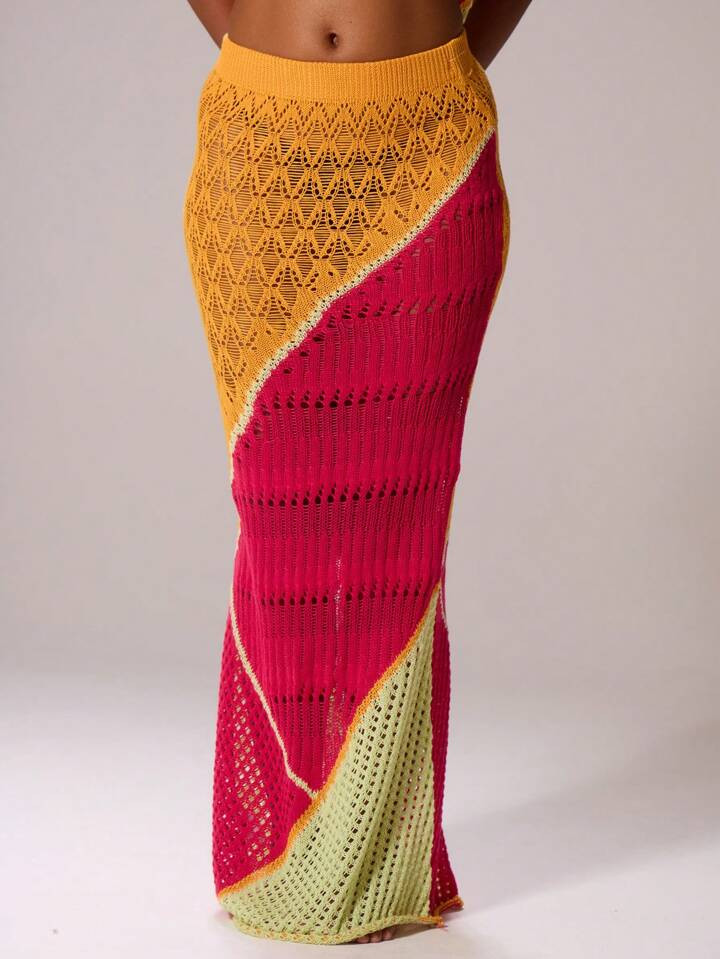 MUSERA Low Rise Textured Crochet Knit Fishtail Hem Contrast Panel Maxi Skirt Ibiza Sexy Vacation ... | SHEIN