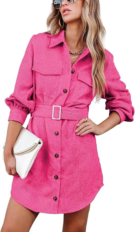 RAISECOM Womens Corduroy Dress Shacket Jacket Shirts Lapel Long Sleeve Belted Casual Fall Winter ... | Amazon (US)