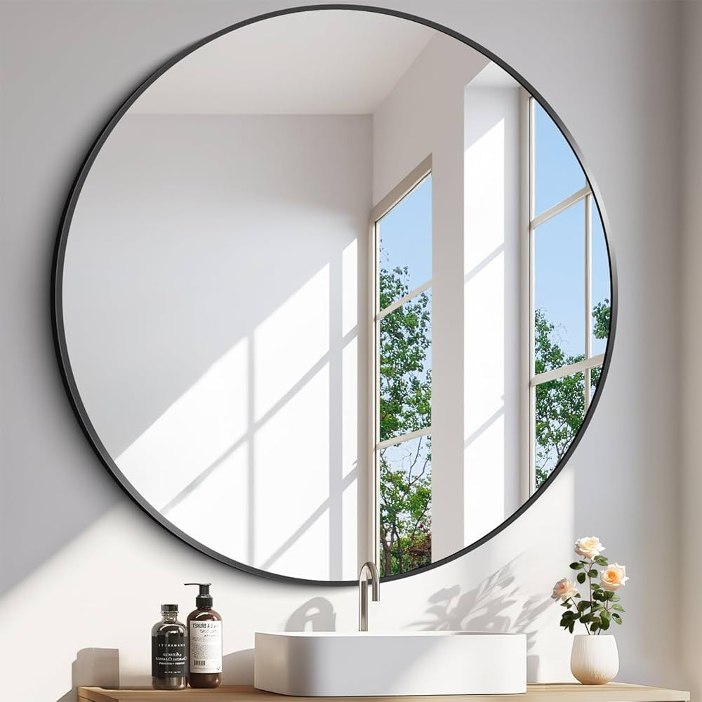 Black Round Mirror, 42 inch Large Circle Mirror, Aluminum Alloy Metal Frame Round Bathroom Mirror... | Amazon (US)