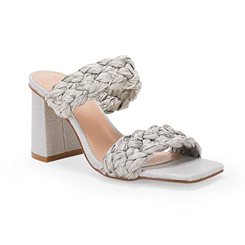 Syktkmx Womens Braided Heels Sandals Chunky Block Heel Double Strap Summer Dressy Sandal, Grey, Size 9.5 | Amazon (US)