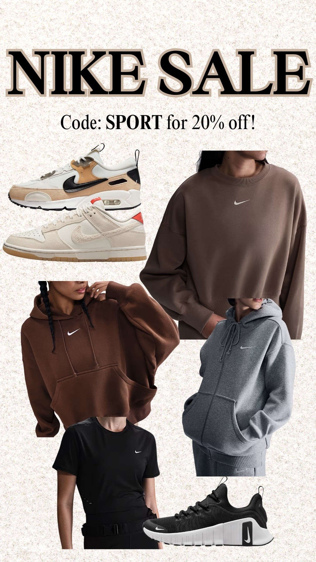 Women’s picks for the Nike 20% off sale! I do size down one in the hoodies. Everything else runs TTS. Code: SPORT for 20% off! 

Nike athleisure women’s fitness athletic wear

#LTKStyleTip
