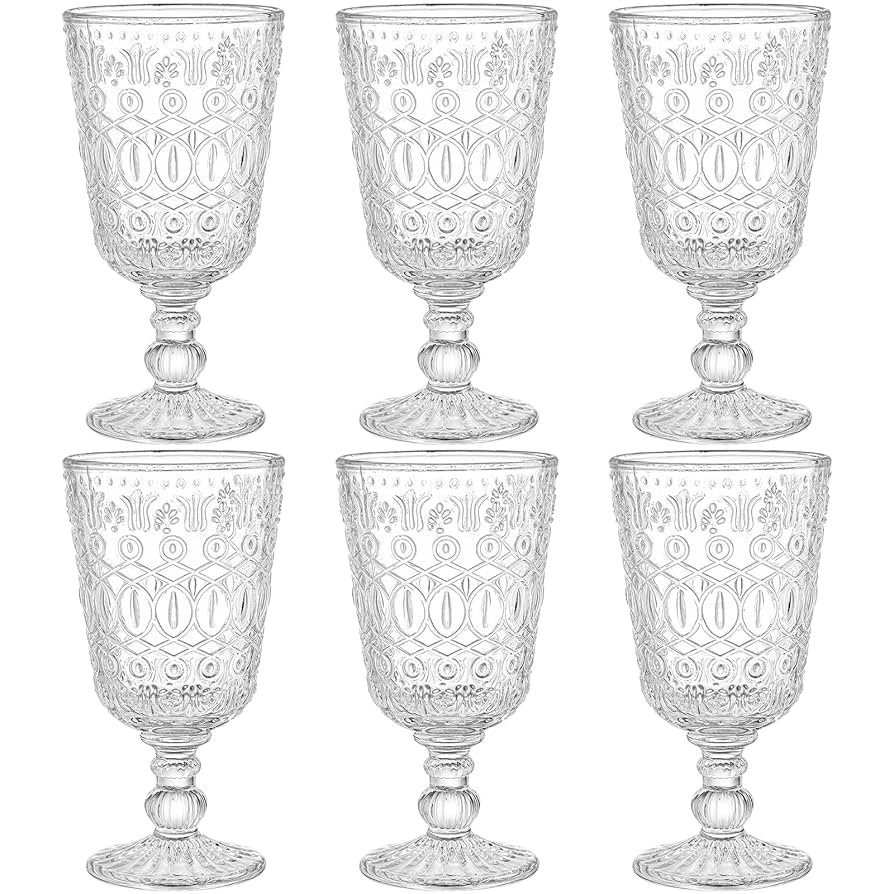 SOUJOY Set of 6 Vintage Wine Glasses, 10oz Clear Glass Goblet, Handmade Pressed Water Drinking Cu... | Amazon (US)