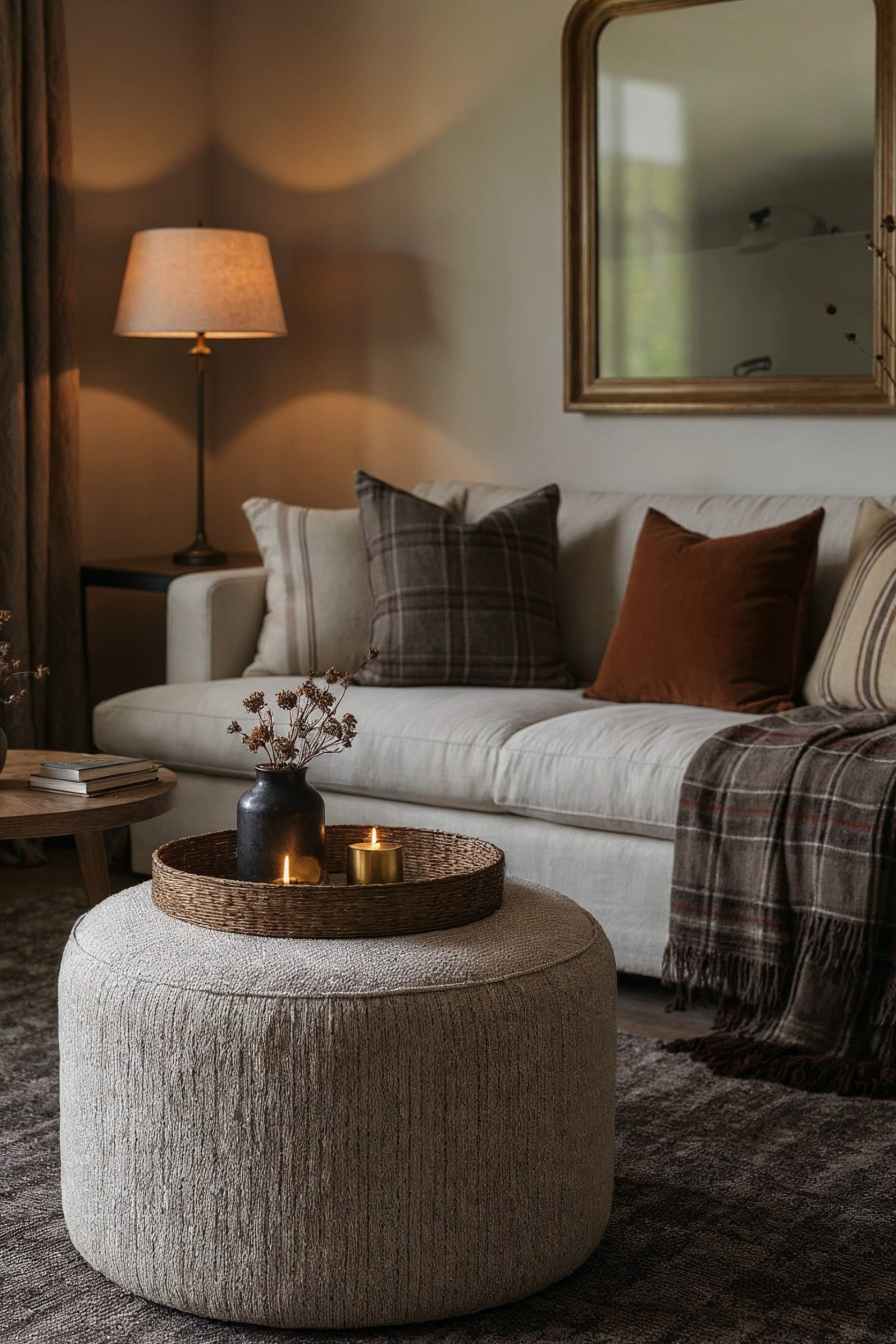 Cozy Fall Living Room Vibes — a warm neutral space with a linen sofa, plaid wool pillows, rust velvet accent, and a fringed throw layered on a deep taupe rug. A round upholstered ottoman doubles as a coffee table with a woven tray, moody candles, and ceramic vase, while a brass mirror, classic floor lamp, and wood side table add timeless, organic modern charm.

🖤 If you want to see more content like this, FOLLOW maeveandmodern on LTK, Instagram, and Pinterest! Check out our blog where we post daily, maeveandmodern.com!

Neutral living room | Cozy fall decor | Plaid throw pillows | Rust velvet pillow | Upholstered ottoman coffee table | Woven tray styling | Candlelight ambiance | Brass wall mirror | Classic floor lamp | Warm wool throw | Organic modern style | Taupe area rug | Wood side table | Textured layers | Collected yet refined
  

 

#LTKHome #LTKSaleAlert #LTKFindsUnder100 #LTKSeasonal #LTKHome #LTKSaleAlert