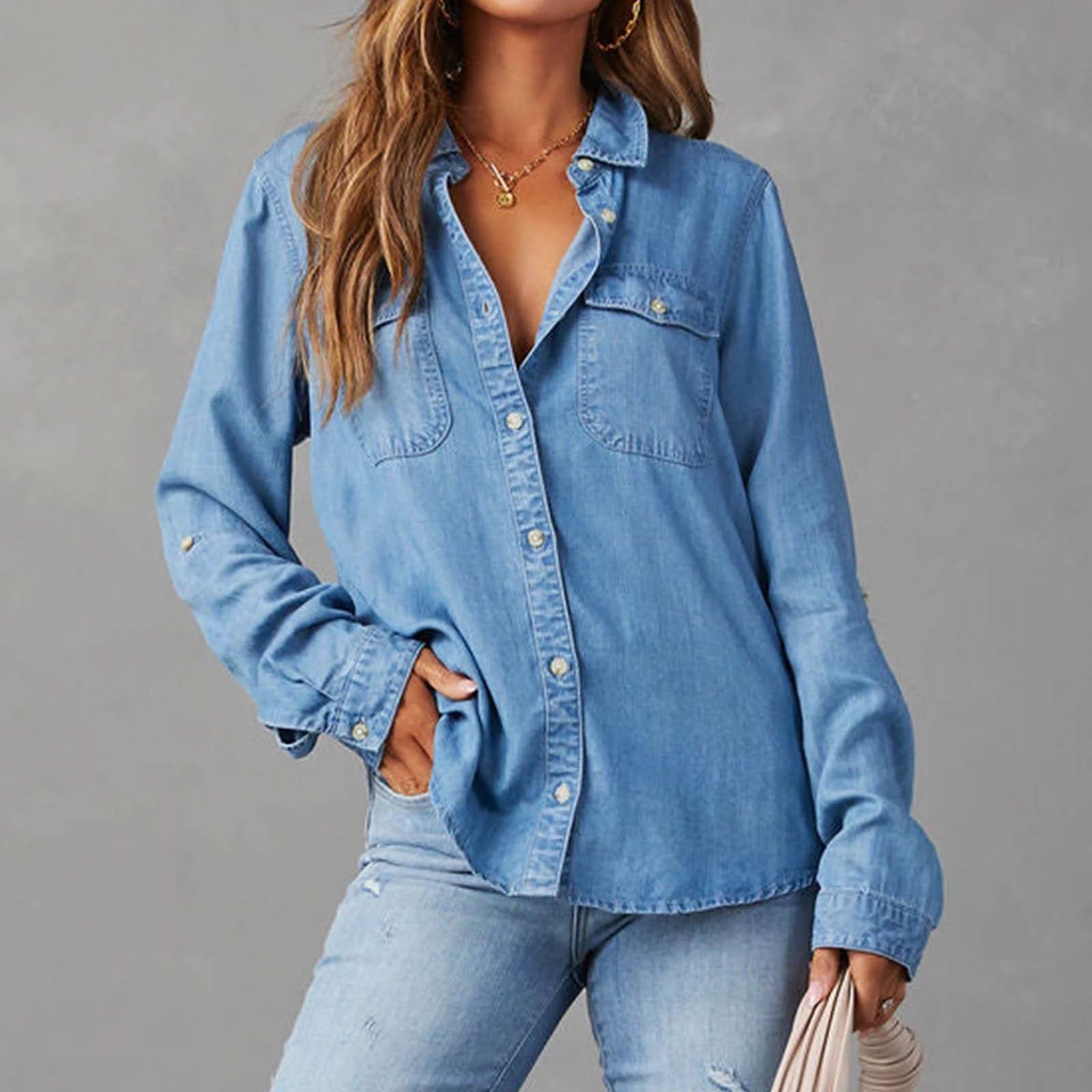 Augper Women's Denim Shirt Women Chambray Jean Western Shirts Long Sleeve Button Tops | Walmart (US)