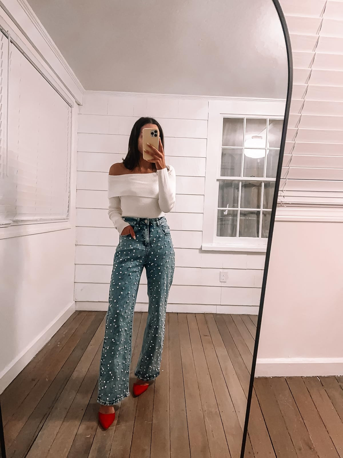 Valentine’s Day outfit- sweater in XS, heels true to size, jeans in XS. Pearl straight leg jeans/off the shoulder top/red heels. 
 

 #LTKPetite #LTKFindsUnder50