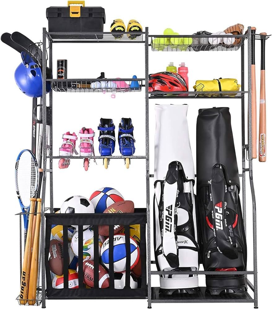 Mythinglogic Golf Storage Garage Organizer,2 Golf Bag Storage Stand and Other Sports Equipment St... | Amazon (US)
