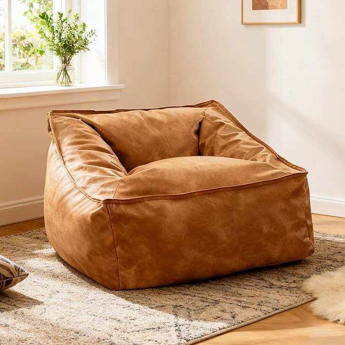 Faux Leather Bean Bag Chair Cover (No Filler) Brown Bean Bag Lounger for Adults Beanbag Cover Wit... | Amazon (US)