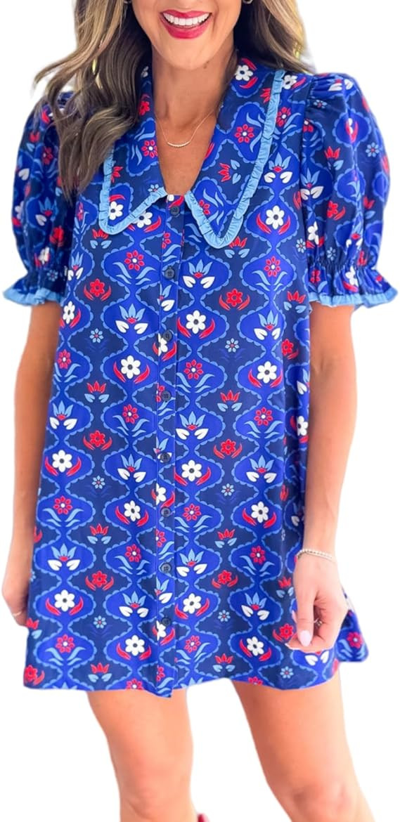 Women's Floral Puff Sleeve Babydoll Mini Dress V Neck Short Cap Sleeves Button Doll Collar Dresse... | Amazon (US)