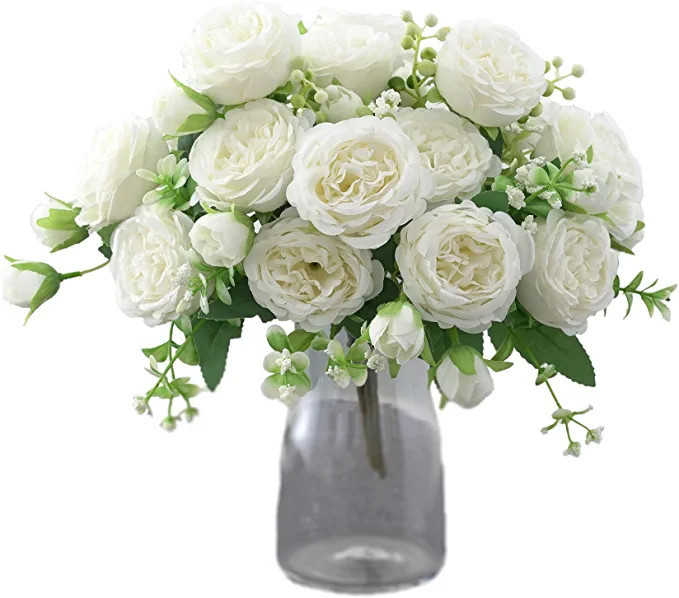 Karoro 3 Bunches Artificial Flower Fake Peony Silk Flowers Rose Bouquet Plastic White Bulk Flower... | Amazon (US)