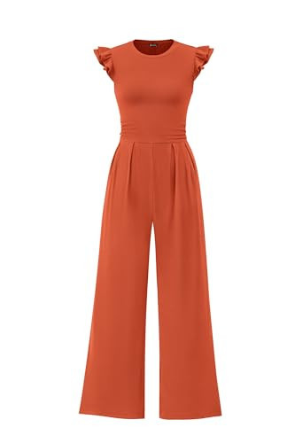 PRETTYGARDEN Womens Summer Jumpsuits Dressy Casual Crew Neck Rib Knit One Piece Outfits Ruffle Cap Sleeves Romper(Brick Red,Large) | Amazon (US)