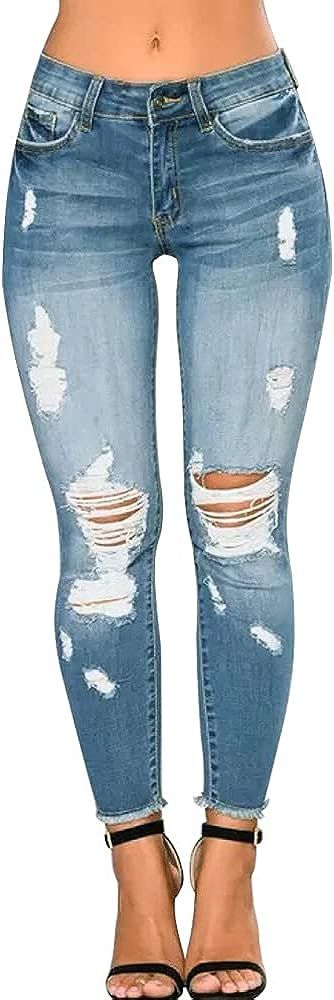 CME SHOWU Women Skinny Ripped Jeans Stretch Distressed Destroyed Denim Pants | Amazon (US)