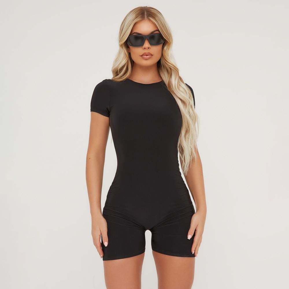Capped Sleeve Playsuit In Black Slinky | EGO Shoes (US & Canada)