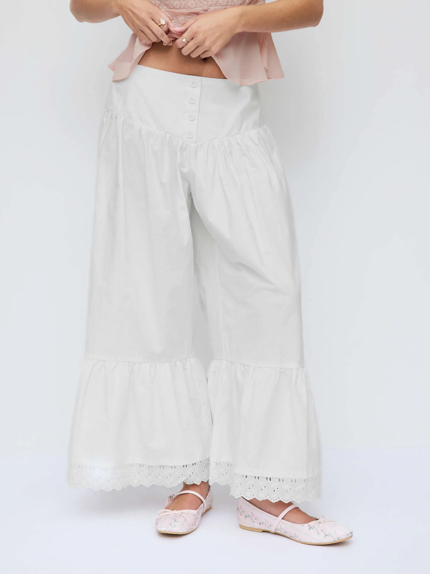 Woven Cotton-blend Mid Rise Lace Trim Ruffle Wide Leg Trousers For Daily Casual Vacation | Cider