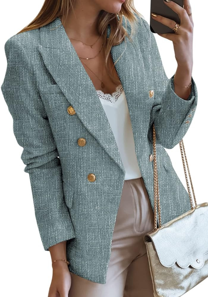 Happy Sailed Womens Double Breasted Tweed Blazers Casual Long Sleeve Open Front Blazer Jackets Wo... | Amazon (US)