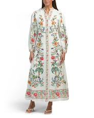 Linen Blend V-neck Button Front Dress With Print Details | TJ Maxx