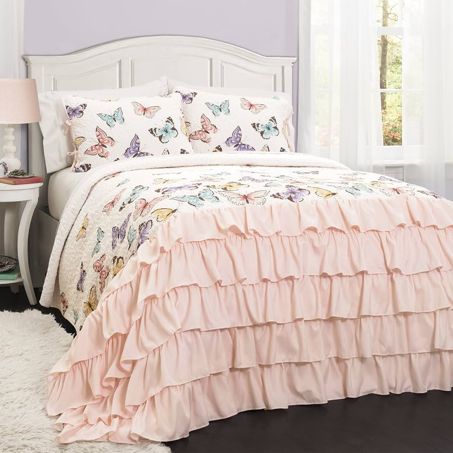 Lush Decor Flutter Butterfly 2-Piece Quilt Set, Cute Quilted Bedspread, Pink, Twin | Amazon (US)