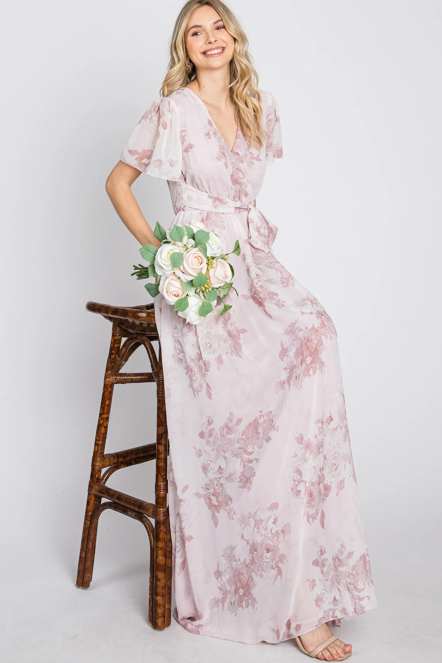 Light Pink Floral Chiffon Wrap Front Short Sleeve Maternity Maxi Dress | PinkBlush Maternity