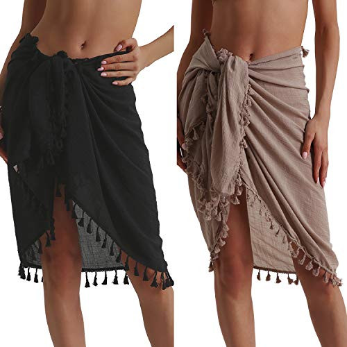Eicolorte Beach Sarong Pareo Womens Linen Cotton Swimwear Cover Ups Short Skirt with Tassels | Amazon (US)