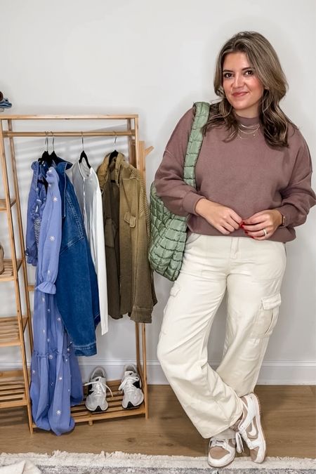 Casual Mom outfit idea. Cargo pants fit true to size or size down in between. Sweater fits true to size Amazon outfit. 

#LTKfindsunder50 #LTKfindsunder100