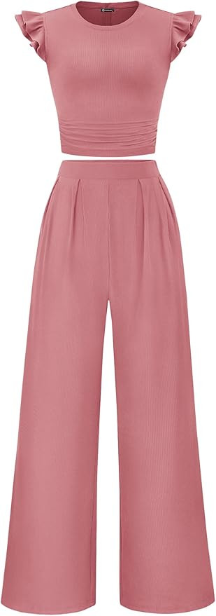 KIRUNDO Two Piece Sets For Women 2026 Casual Cap Sleeve Crop Tops Wide Leg Pants Summer Matching ... | Amazon (US)