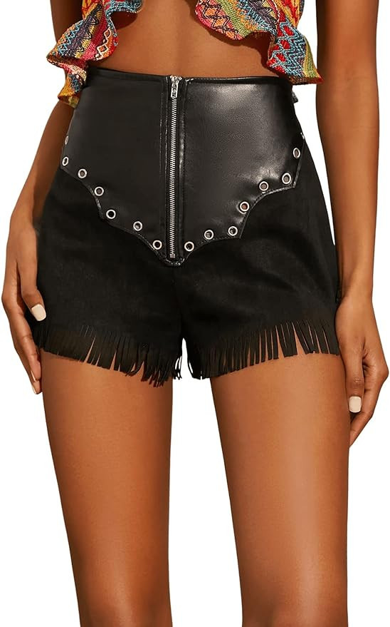 SweatyRocks Women's Fringe Hem High Waisted Zipper Front Shorts Straight Leg Solid Shorts | Amazon (US)
