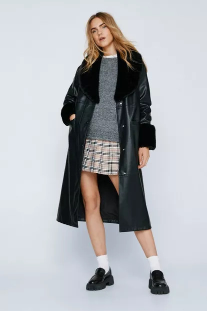Faux Fur Trim Longline Faux Leather Coat | Nasty Gal UK (+IE)