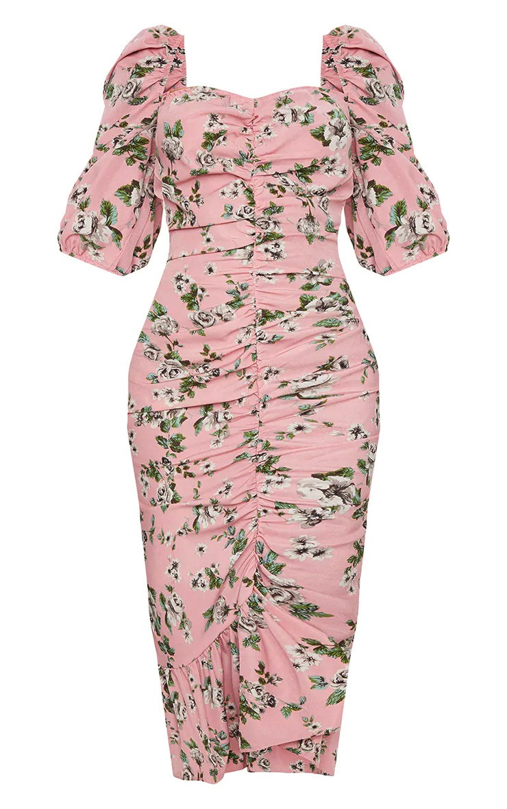 Dusty Pink Floral Ruched Front Frill Hem Midi Dress | PrettyLittleThing US