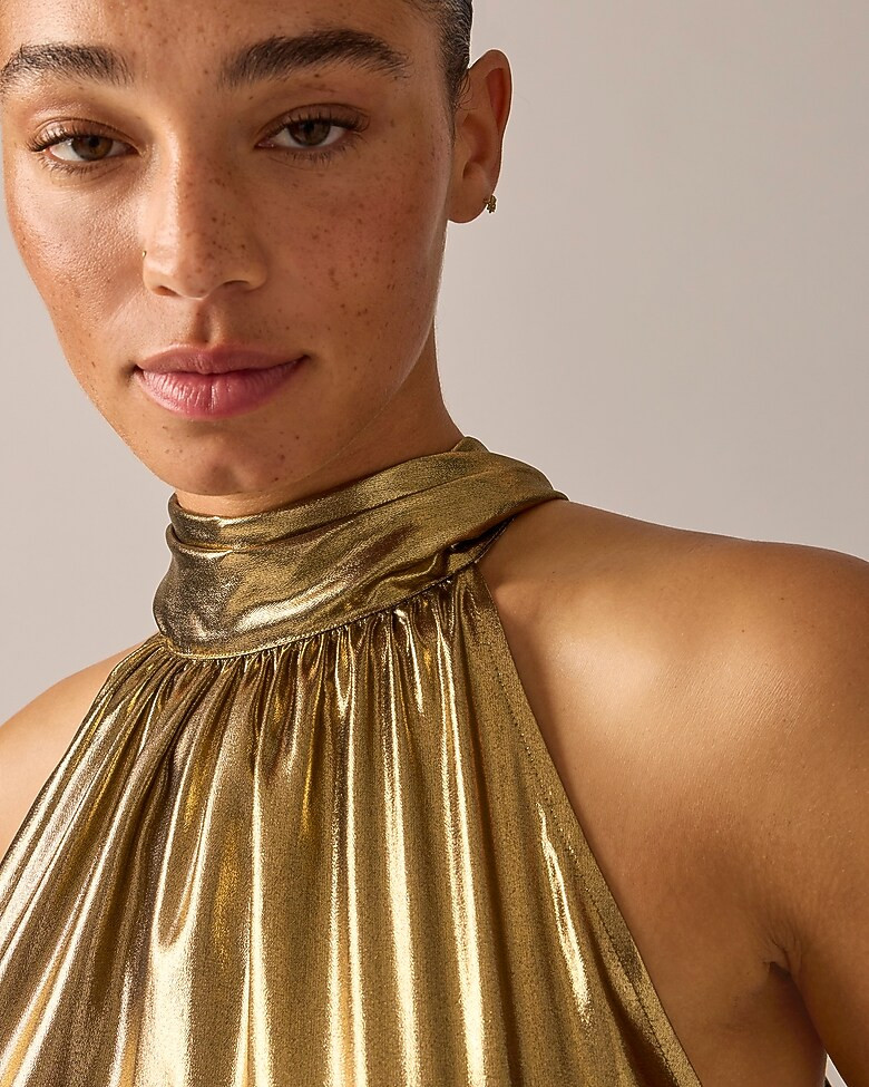 Halter top with necktie in gold lamé | J. Crew US
