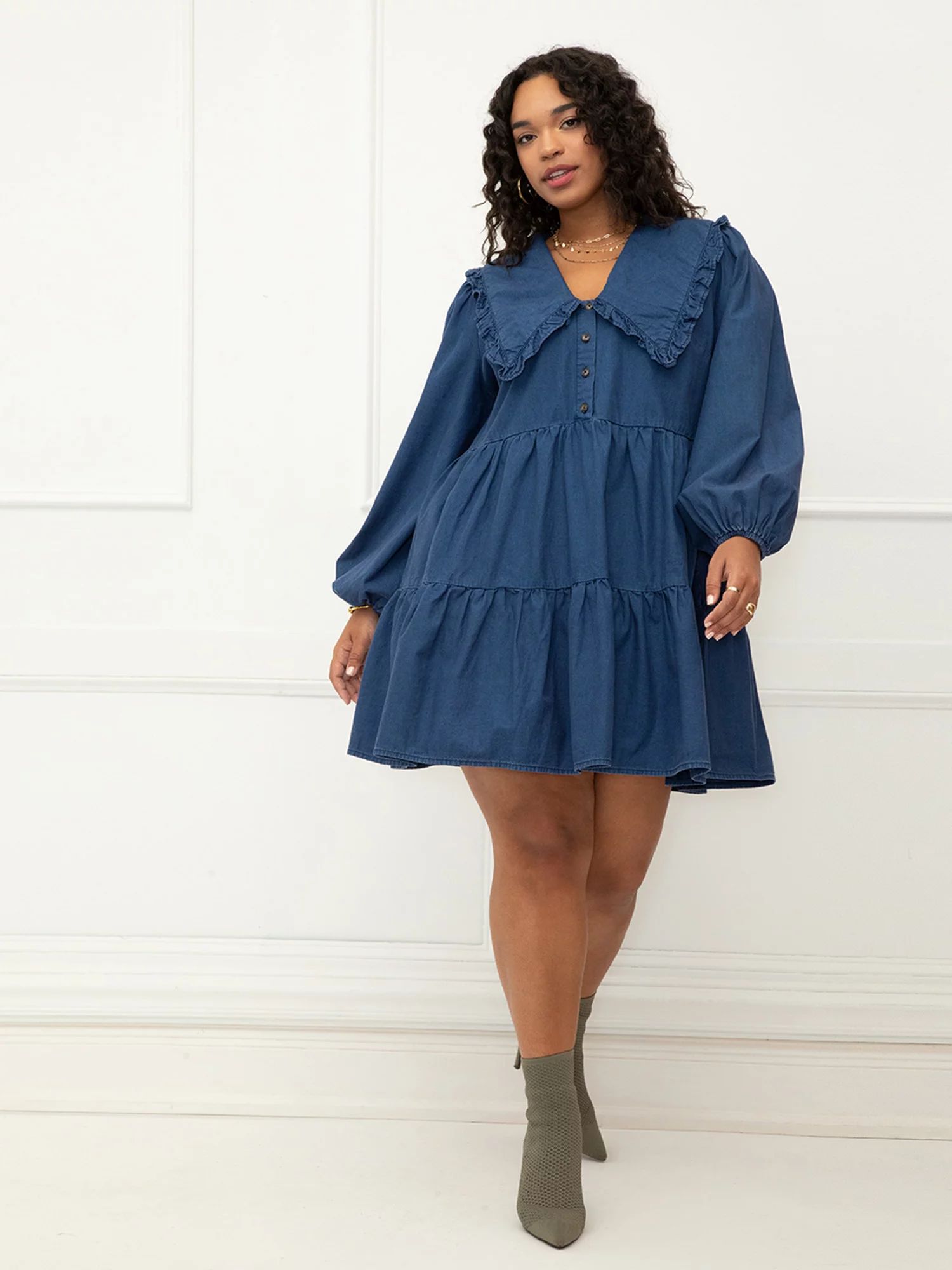ELOQUII Elements Women's Plus Size Tiered Dress With Collar - Walmart.com | Walmart (US)