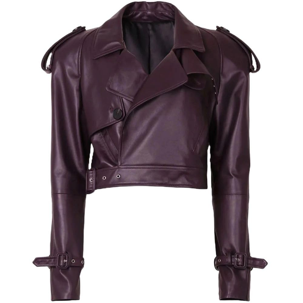 Genuine Sheepskin Leather Wide Shoulder Oversized Cropped Street Wear Plum Color Jacket for Women... | Amazon (US)