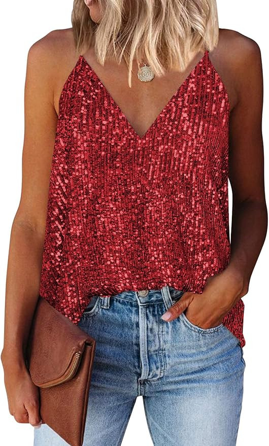 miduo Womens Tank Tops Summer Casual Dressy Sequin V Neck Tanks Tops Fashion 2026 Cami Shirts Sle... | Amazon (US)