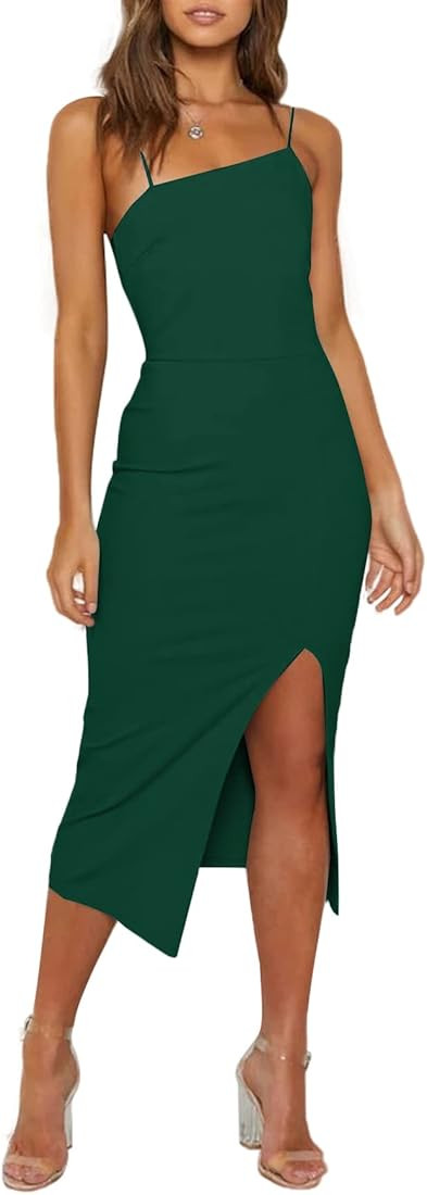 LYANER Women's Spaghetti Straps Split Hem Sleeveless Zipper Bodycon Midi Dress | Amazon (US)