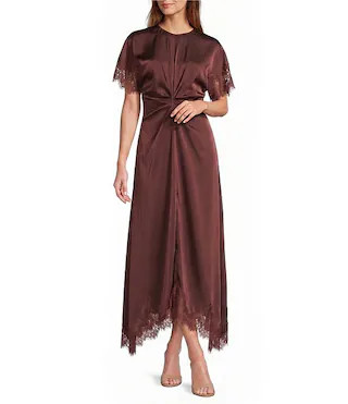 Mariana Satin Round Neck Short Sleeve Lace Trim Dress | Dillard's