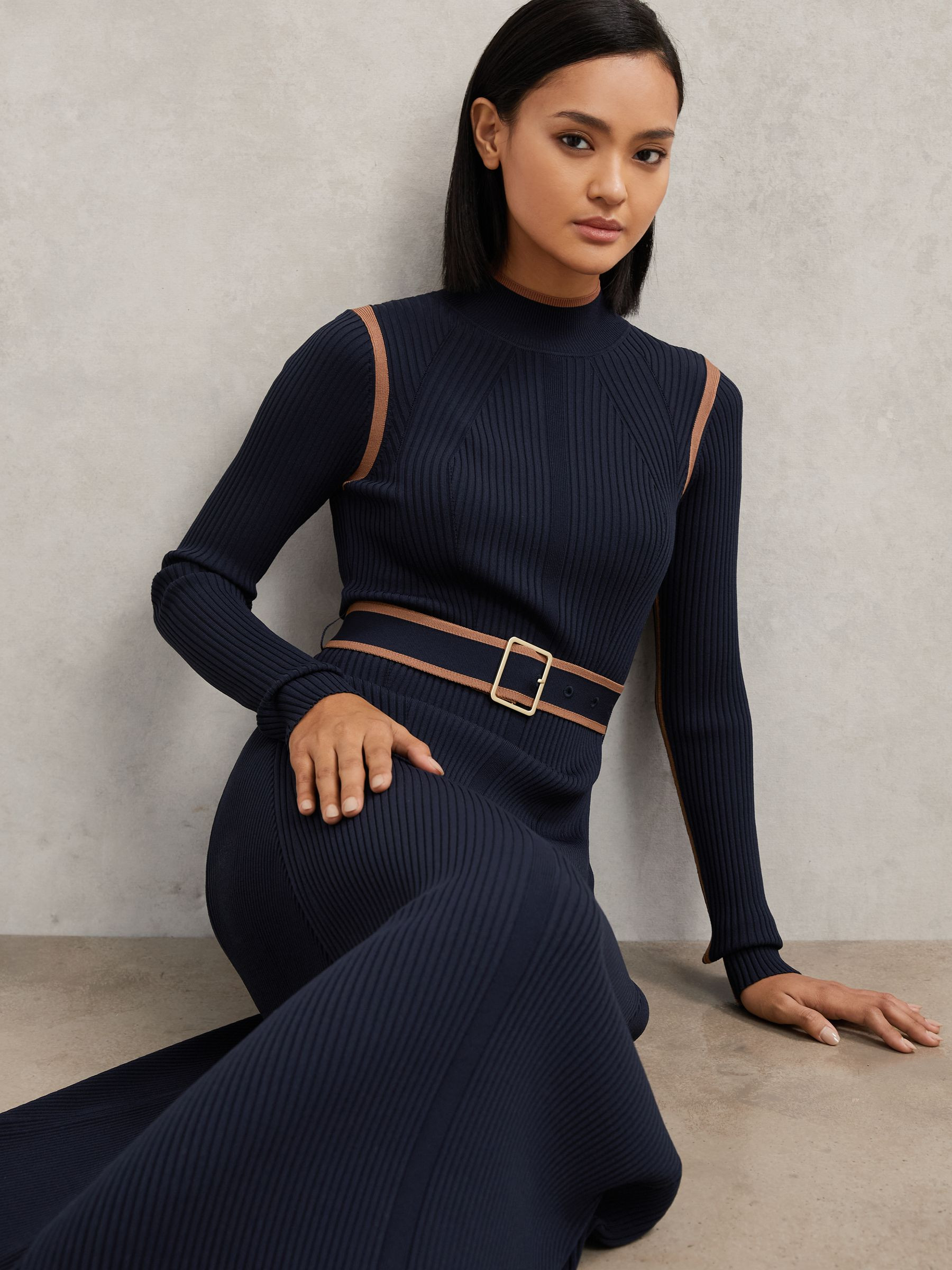 Reiss Colourblock Rib-Knit Midi Dress in Navy/Camel | REISS | Reiss US