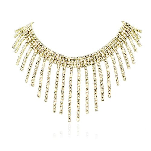Rhinestone Tassel Choker Necklace for Women, Sparkly Tennis Fringe Necklace,Bling Fake Diamond Collar Necklace Formal Prom Wedding Necklace Statement Elegant Bride Bridesmaid Jewelry Gifts (gold) | Amazon (US)