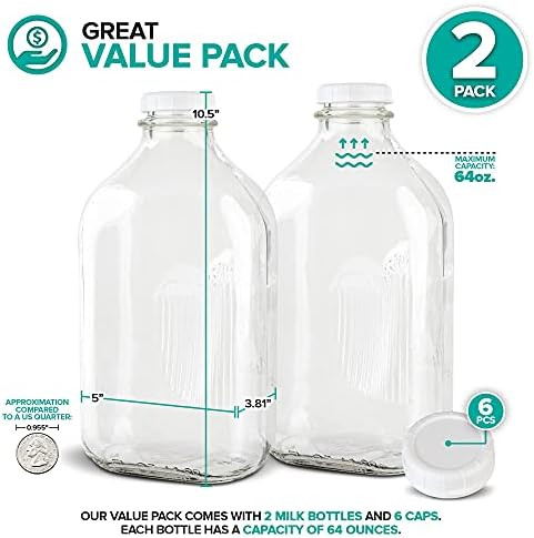 Stock Your Home 64-Oz Glass Milk Jugs with Caps (2 Pack) - 64 Ounce Food Grade Glass Bottles - Di... | Amazon (US)