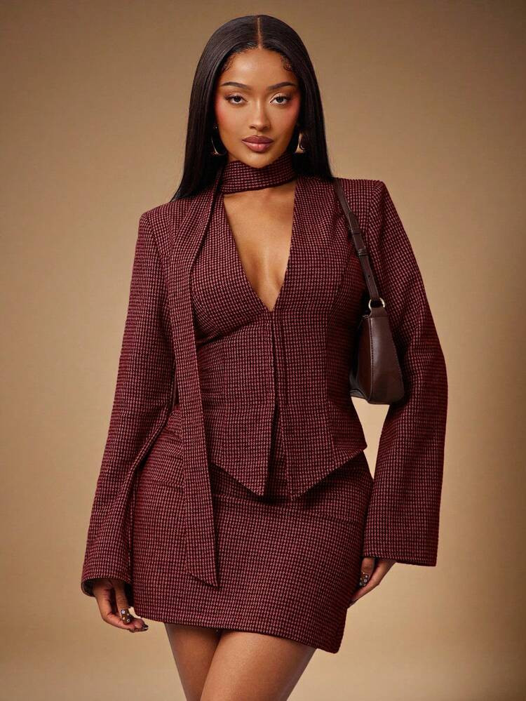 Radiana 3pcs Retro Chic Commuter Brown Houndstooth Wool Suit Set: Fitted Blazer + Low-Waist Skirt + Scarf (Includes Shoulder Pads) Tweed Two Piece Set Blazer Set For Women 2 Piece Sets Woman Classy Burgundy Outfit Women Blazer Skirt Set | SHEIN
