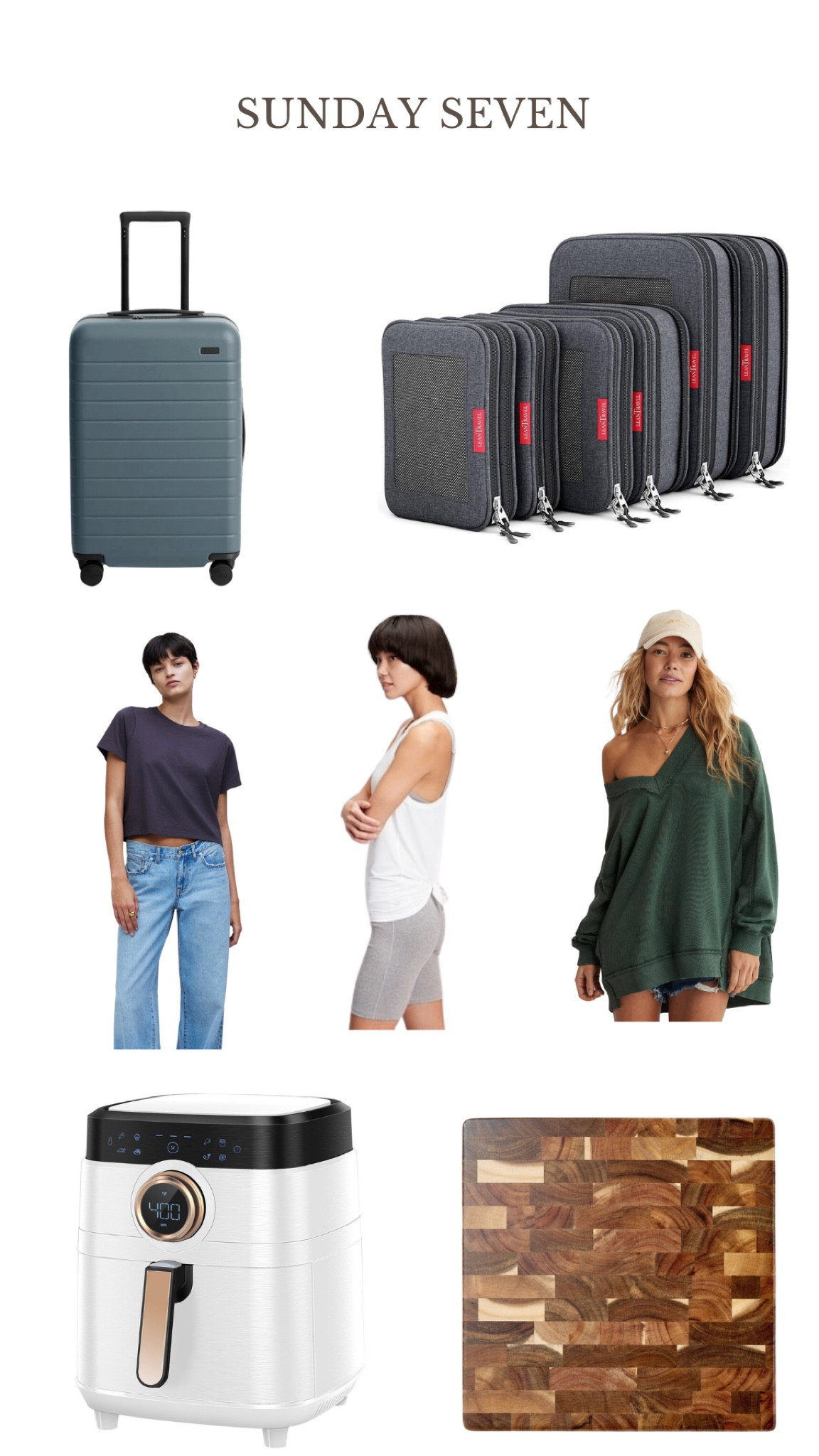 Here are seven things I’ve been loving lately!
-my Away carry-on
-these packing cubes 
-this crop tee
-this tank
-this oversized sweater 
-my air fryer!
-my favorite Crate and Barrel cutting board 

#LTKfindsunder100 #LTKover40 #LTKfindsunder50