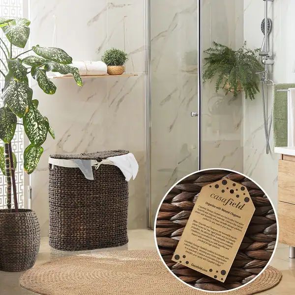 2-Section Oval Laundry Hamper Basket w/ Lids & Liner Bags for Clothes - Brown | Bed Bath & Beyond