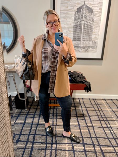 Great workwear option! Day 1 of #ltkcon, what I wore to check in to conference! Love this classic blazer and plaid oversized flannel. Skinny jeans with this style of mule is my favorite! Plus size jeans plus size blazer camel blazer target eloquii Abercrombie Arula 

#LTKcurves #LTKunder50 #LTKworkwear